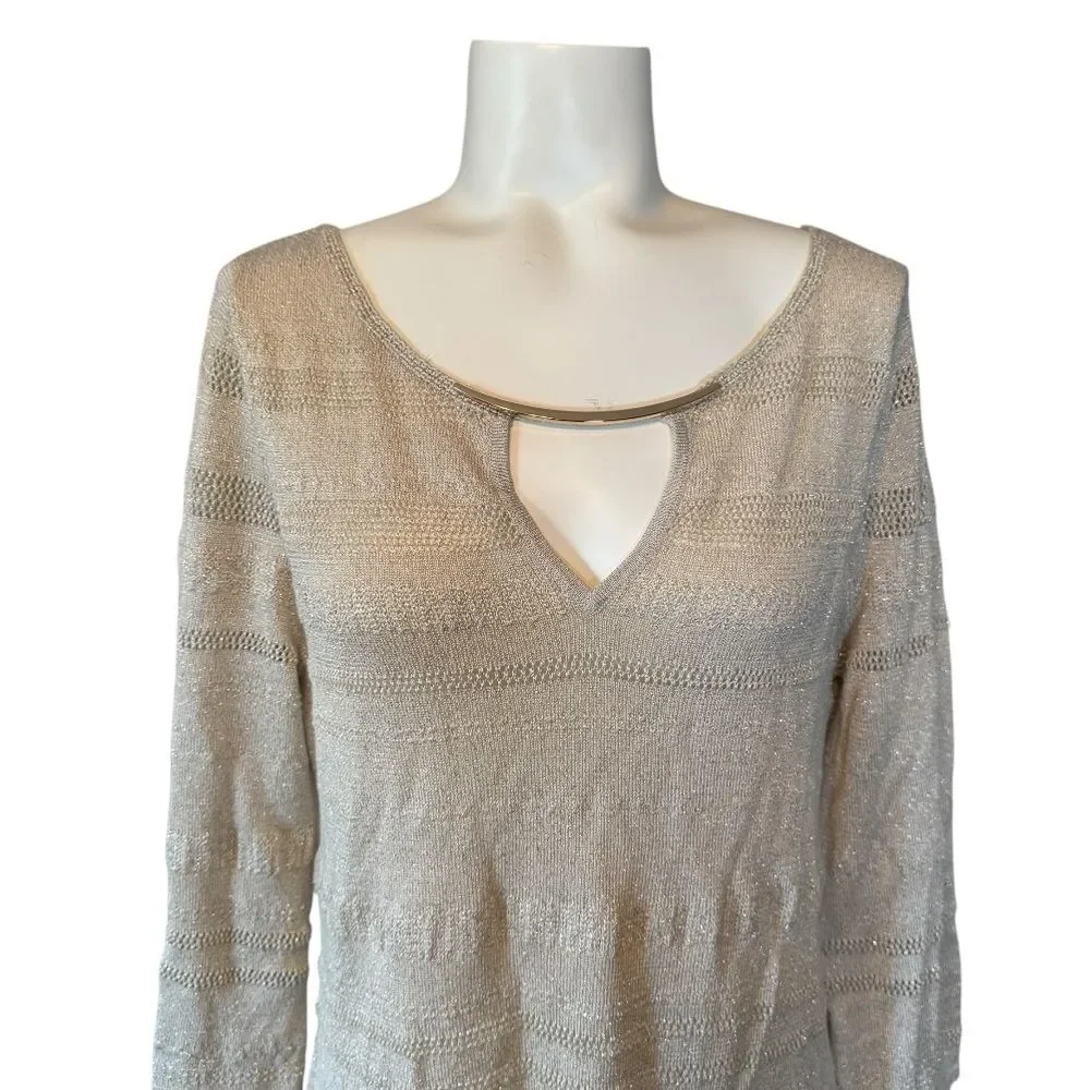 WHBM Stitchy Keyhole Sweater Tunic Pearl Dust Cream Gold Metallic L NWT